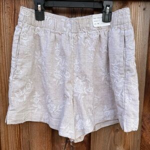 NWT A&F Embroidered Linen-Blend Elastic Waist Shorts - Cream